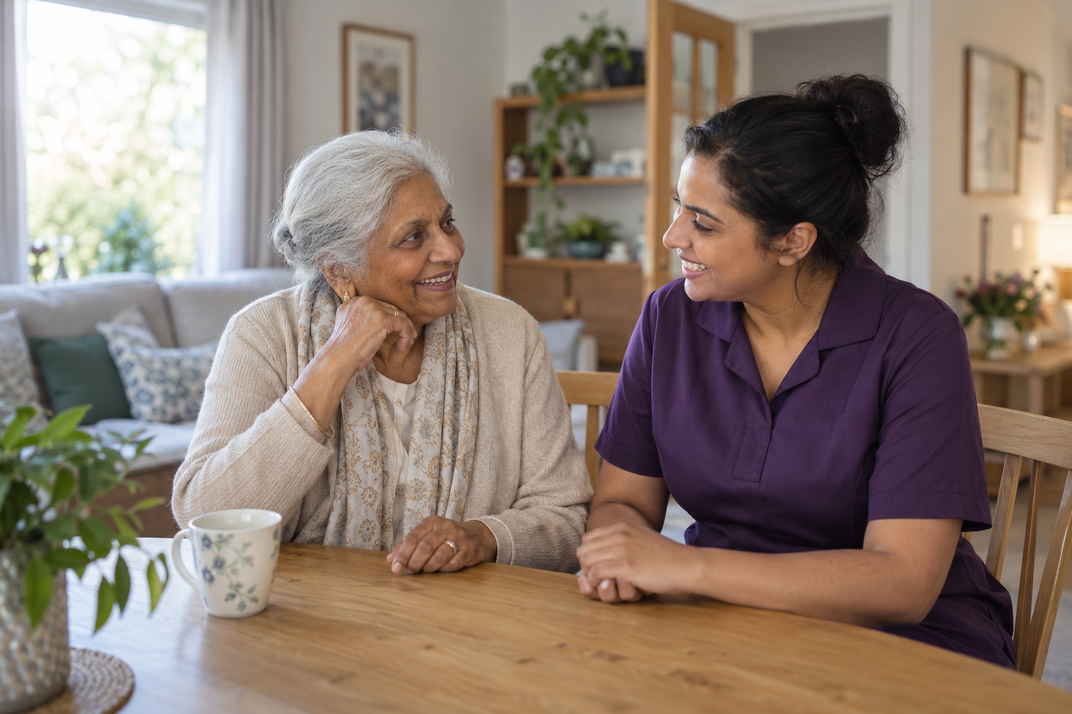 Illustrative scene of an older woman sharing a warm moment with a home-care worker